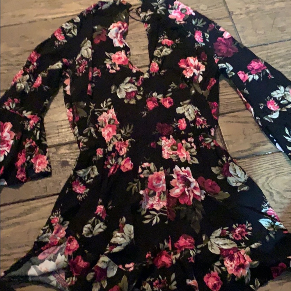 Black and pink long sleeve floral romper
